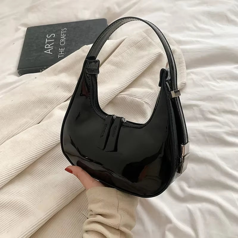 Trendy Designer Solid Shoulder Bags for Women Handbags and Purses 2024 New Fashion Patent Leather Underarm Ladies Tote Bags