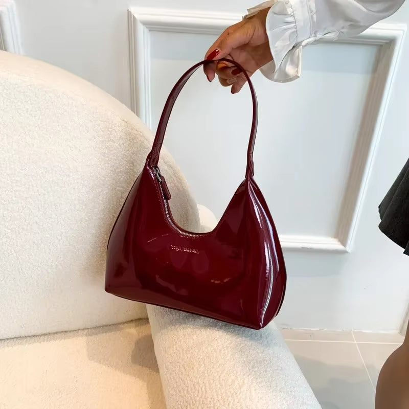 Trendy Designer Solid Shoulder Bags for Women Handbags and Purses 2024 New Fashion Patent Leather Underarm Ladies Tote Bags