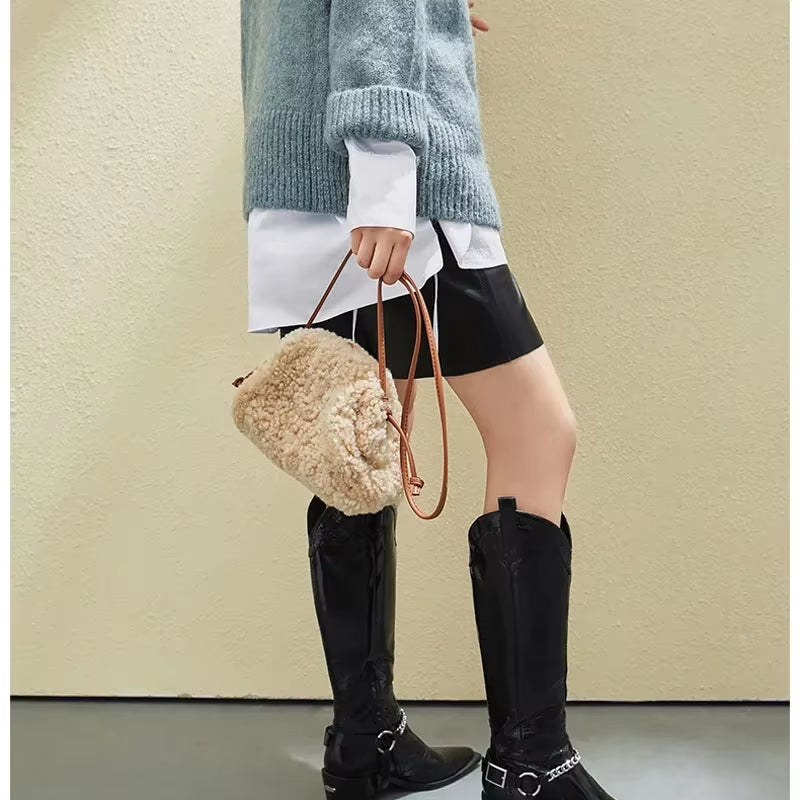 Winter Luxury Fashion Real Lamb Wool Fur Cloud Bag Ladies Fashion Clutch Hand Bag Soft Leather Dumpling Hobo Shoulder Bag Purse