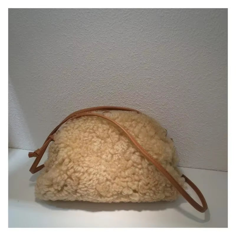 Winter Luxury Fashion Real Lamb Wool Fur Cloud Bag Ladies Fashion Clutch Hand Bag Soft Leather Dumpling Hobo Shoulder Bag Purse