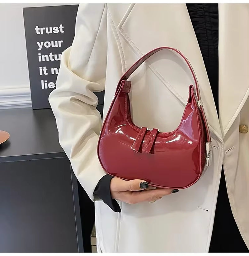 Trendy Designer Solid Shoulder Bags for Women Handbags and Purses 2024 New Fashion Patent Leather Underarm Ladies Tote Bags