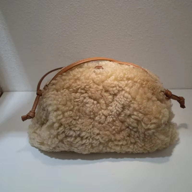Winter Luxury Fashion Real Lamb Wool Fur Cloud Bag Ladies Fashion Clutch Hand Bag Soft Leather Dumpling Hobo Shoulder Bag Purse