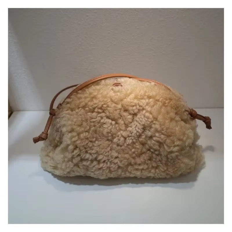 Winter Luxury Fashion Real Lamb Wool Fur Cloud Bag Ladies Fashion Clutch Hand Bag Soft Leather Dumpling Hobo Shoulder Bag Purse
