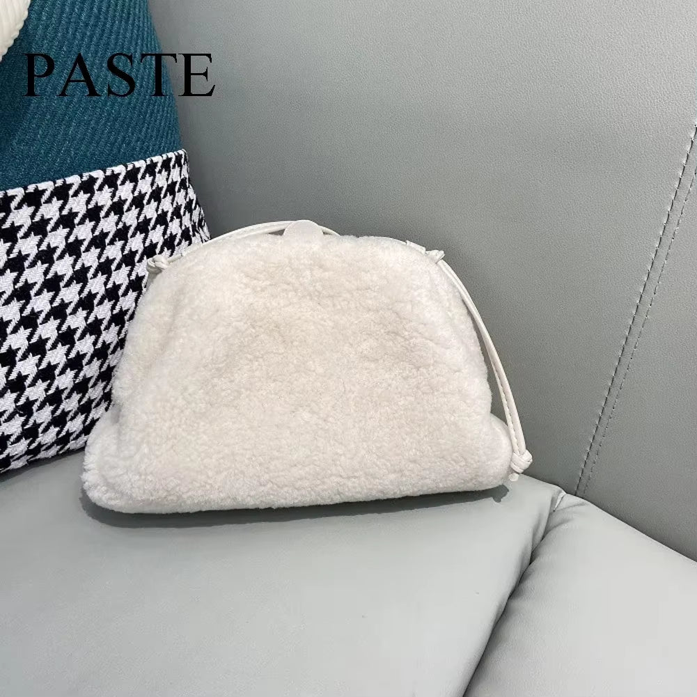 Winter Luxury Fashion Real Lamb Wool Fur Cloud Bag Ladies Fashion Clutch Hand Bag Soft Leather Dumpling Hobo Shoulder Bag Purse